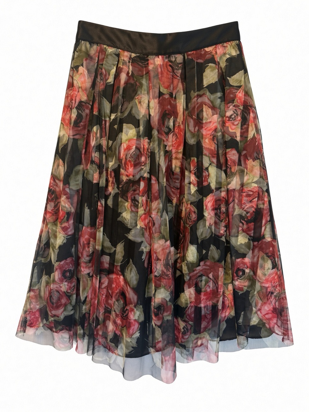Anthropologie Black Floral A-Line Skirt with Red Rose Print